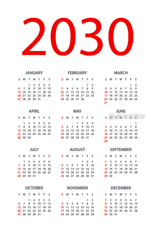 日历2030 -简单布局插图。一周从周日开始。日历设定在2030年